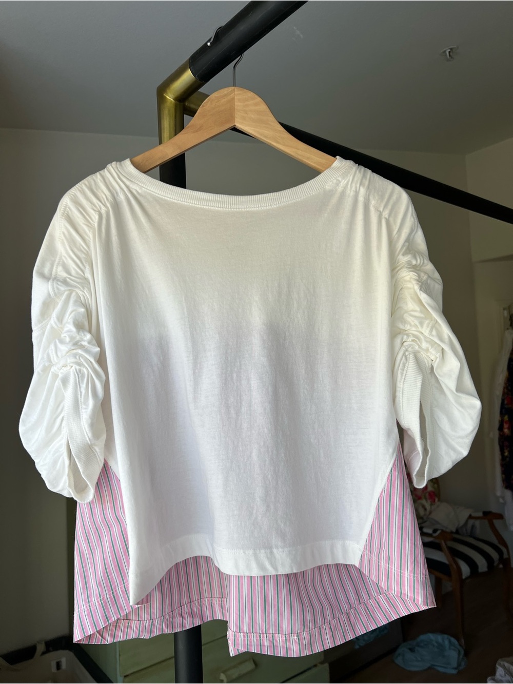 Anthropologie Maeve White Top with Pink Stripe Hem and Ruched Sleeves